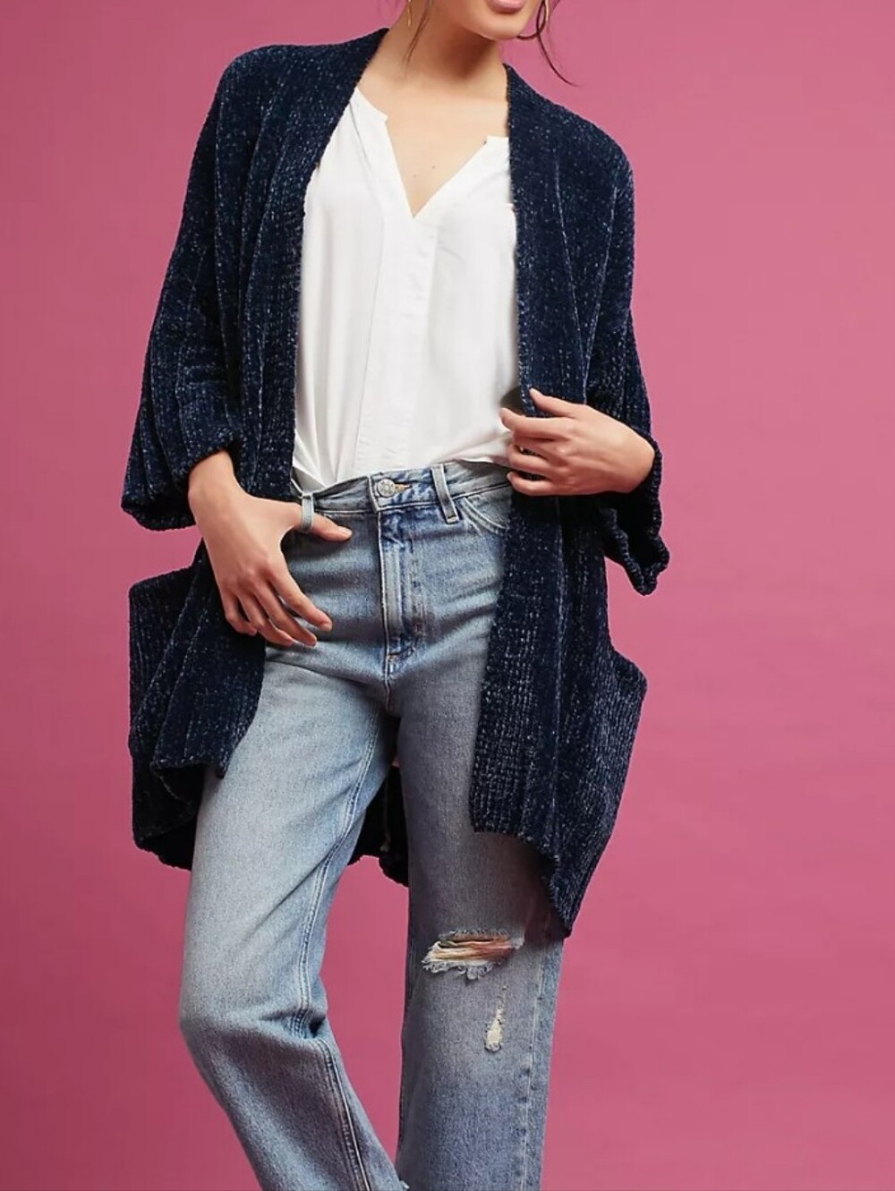 Moth Anthropologie Lily Open Front Blue Chenille Oversized Cardigan Sweater SZ M